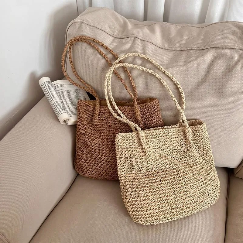 Handmade Purse Straw Shoulder Bag for Women Summer Chic Woven Tote Handbag Beach Shoulder Purse with Handles Brown