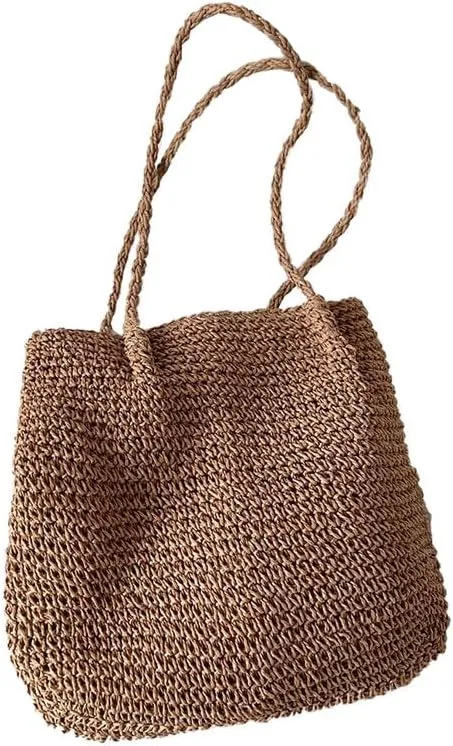 Handmade Purse Straw Shoulder Bag for Women Summer Chic Woven Tote Handbag Beach Shoulder Purse with Handles Brown