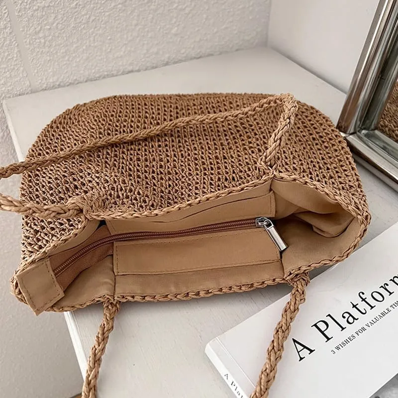 Handmade Purse Straw Shoulder Bag for Women Summer Chic Woven Tote Handbag Beach Shoulder Purse with Handles Brown