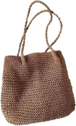 Handmade Purse Straw Shoulder Bag for Women Summer Chic Woven Tote Handbag Beach Shoulder Purse with Handles Brown