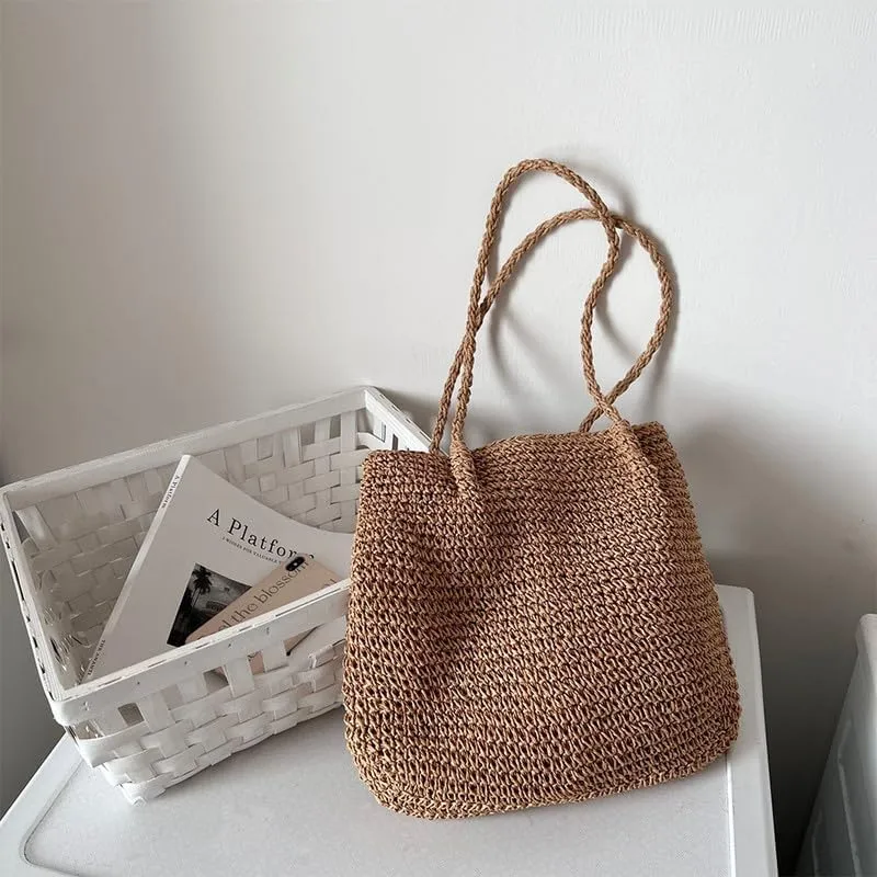 Handmade Purse Straw Shoulder Bag for Women Summer Chic Woven Tote Handbag Beach Shoulder Purse with Handles Brown