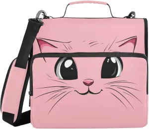 Happy Pink Cat Face Zipper Binder with Shoulder Strap Trapper Keeper 3 Ring Binder Organizer Large Capacity Multiple Compartments for School Office