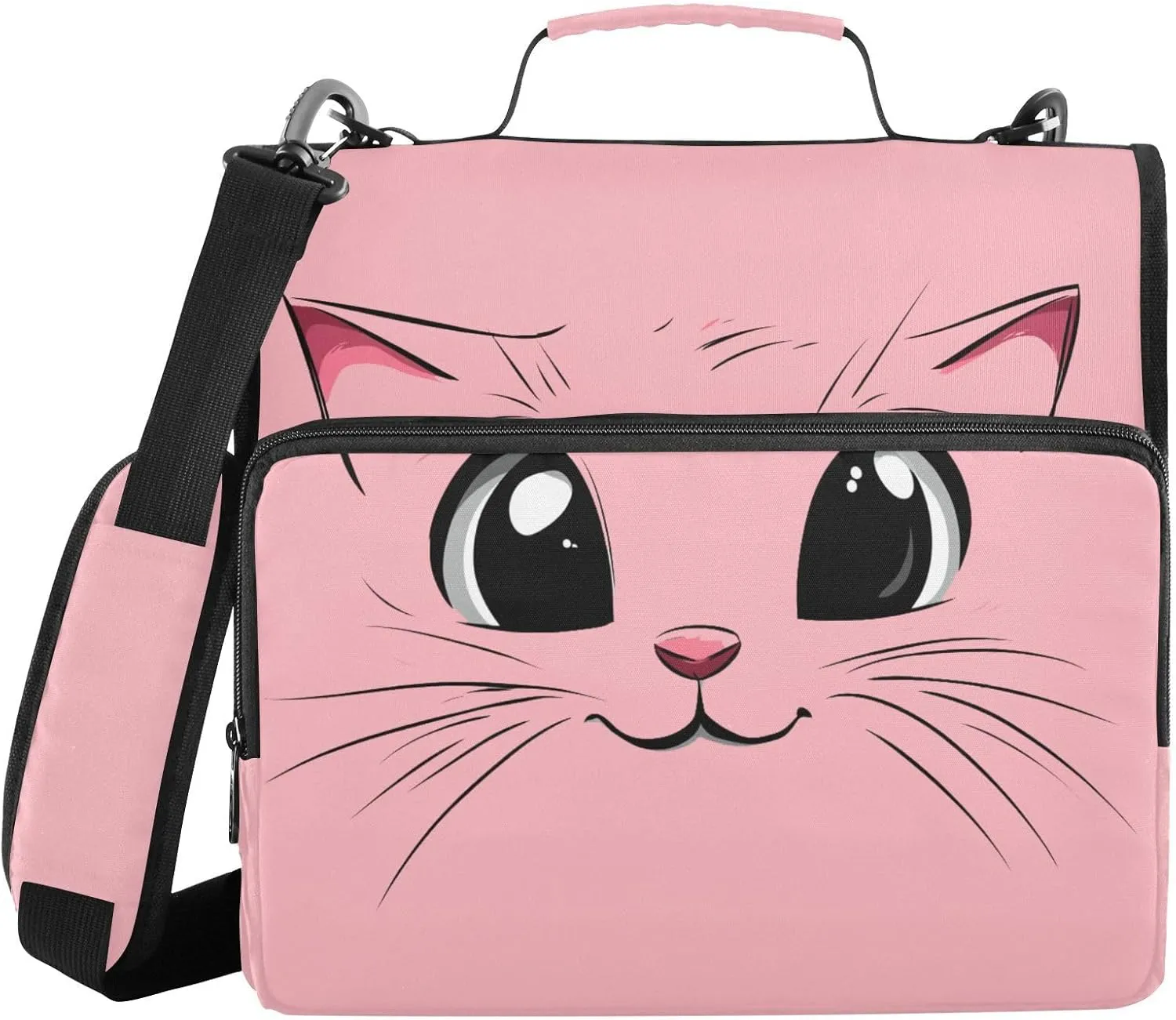 Happy Pink Cat Face Zipper Binder with Shoulder Strap Trapper Keeper 3 Ring Binder Organizer Large Capacity Multiple Compartments for School Office