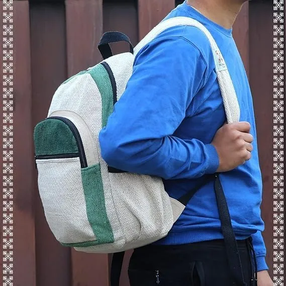 Hemp Backpack Lightweighted 100% Natural Hemp Cotton Fabric Casual Daypack Multipurpose Handmade Bag For Travel, Hiking, Yoga, Picnic(Green 2 Sided)