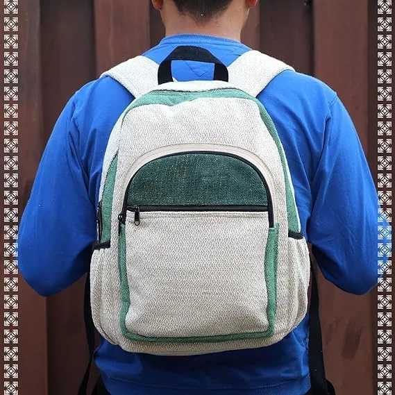 Hemp Backpack Lightweighted 100% Natural Hemp Cotton Fabric Casual Daypack Multipurpose Handmade Bag For Travel, Hiking, Yoga, Picnic(Green 2 Sided)