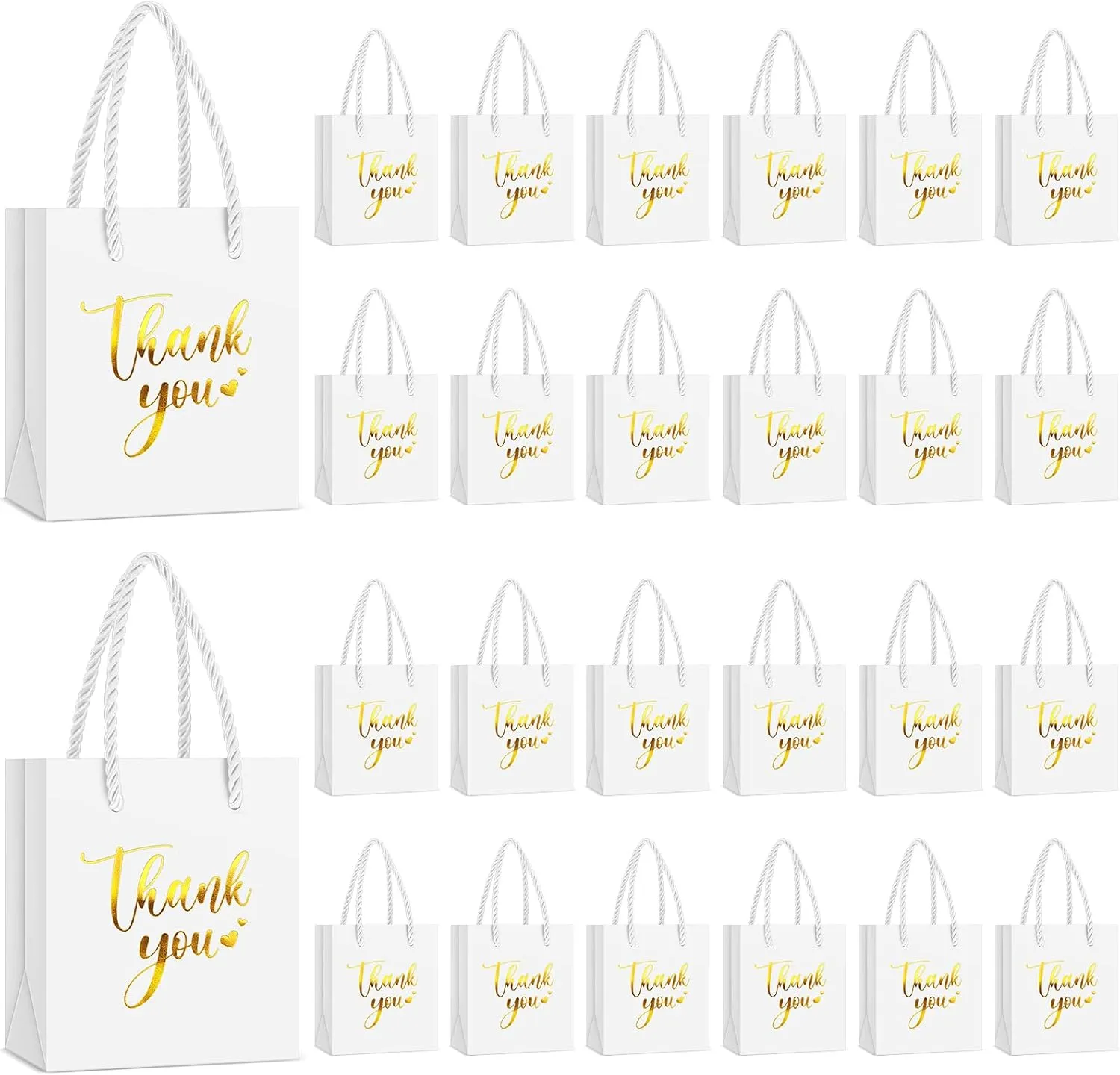 Honoson 60 Pcs Mini Gift Bag with Handle 4 x 2.75 x 4.5'' Small Thank You Paper Foil Gift Bag for Wedding Birthday Party Favor(Gold and White)