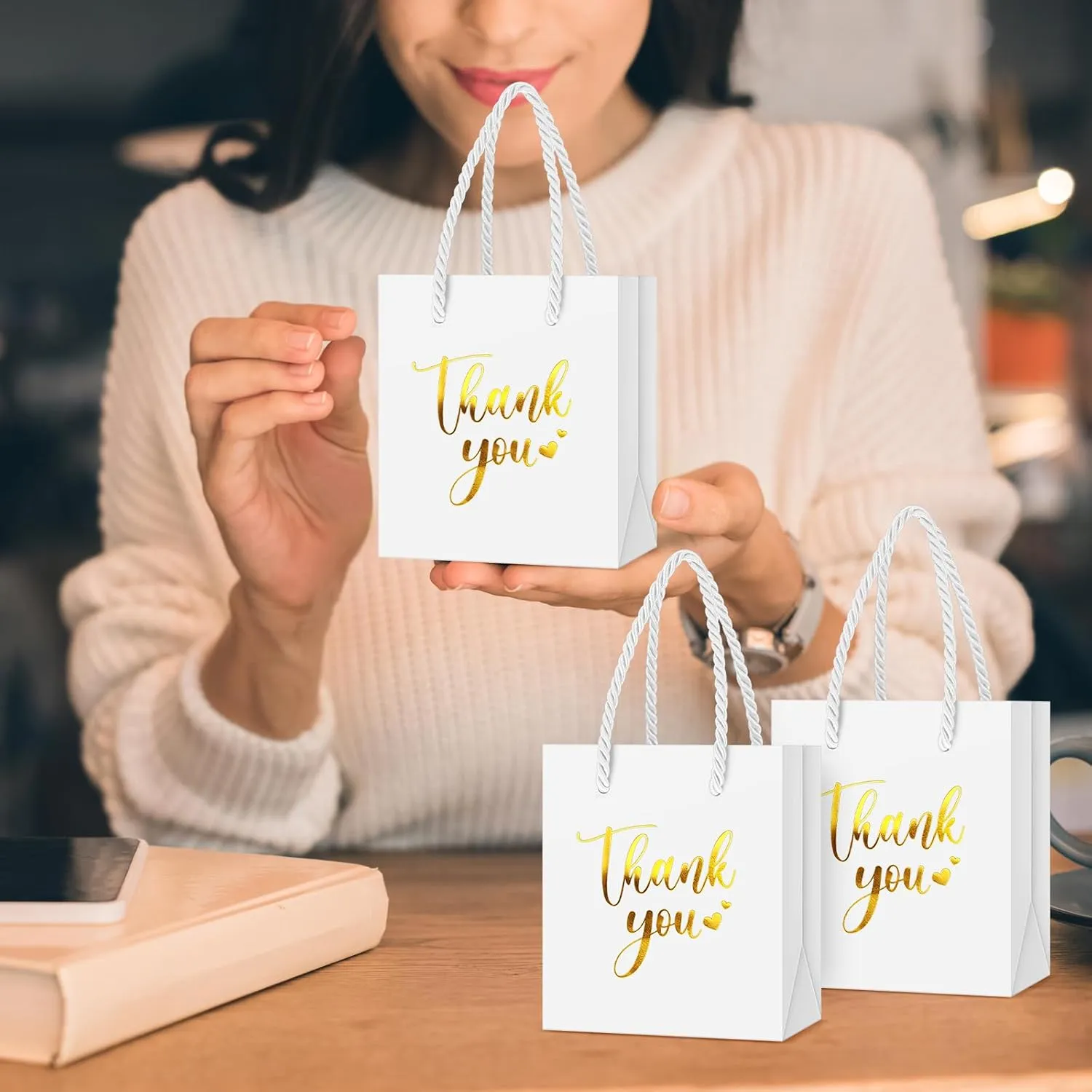 Honoson 60 Pcs Mini Gift Bag with Handle 4 x 2.75 x 4.5'' Small Thank You Paper Foil Gift Bag for Wedding Birthday Party Favor(Gold and White)