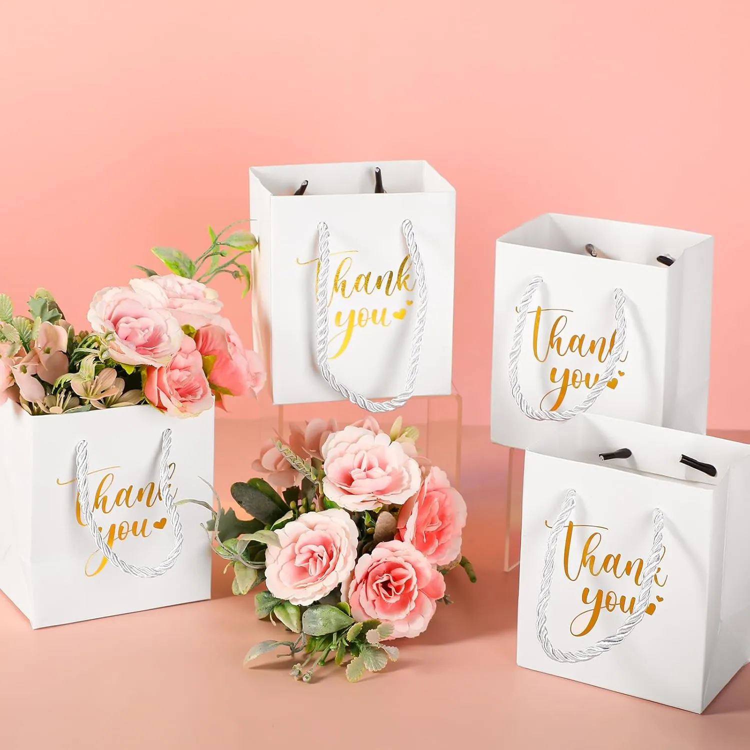 Honoson 60 Pcs Mini Gift Bag with Handle 4 x 2.75 x 4.5'' Small Thank You Paper Foil Gift Bag for Wedding Birthday Party Favor(Gold and White)