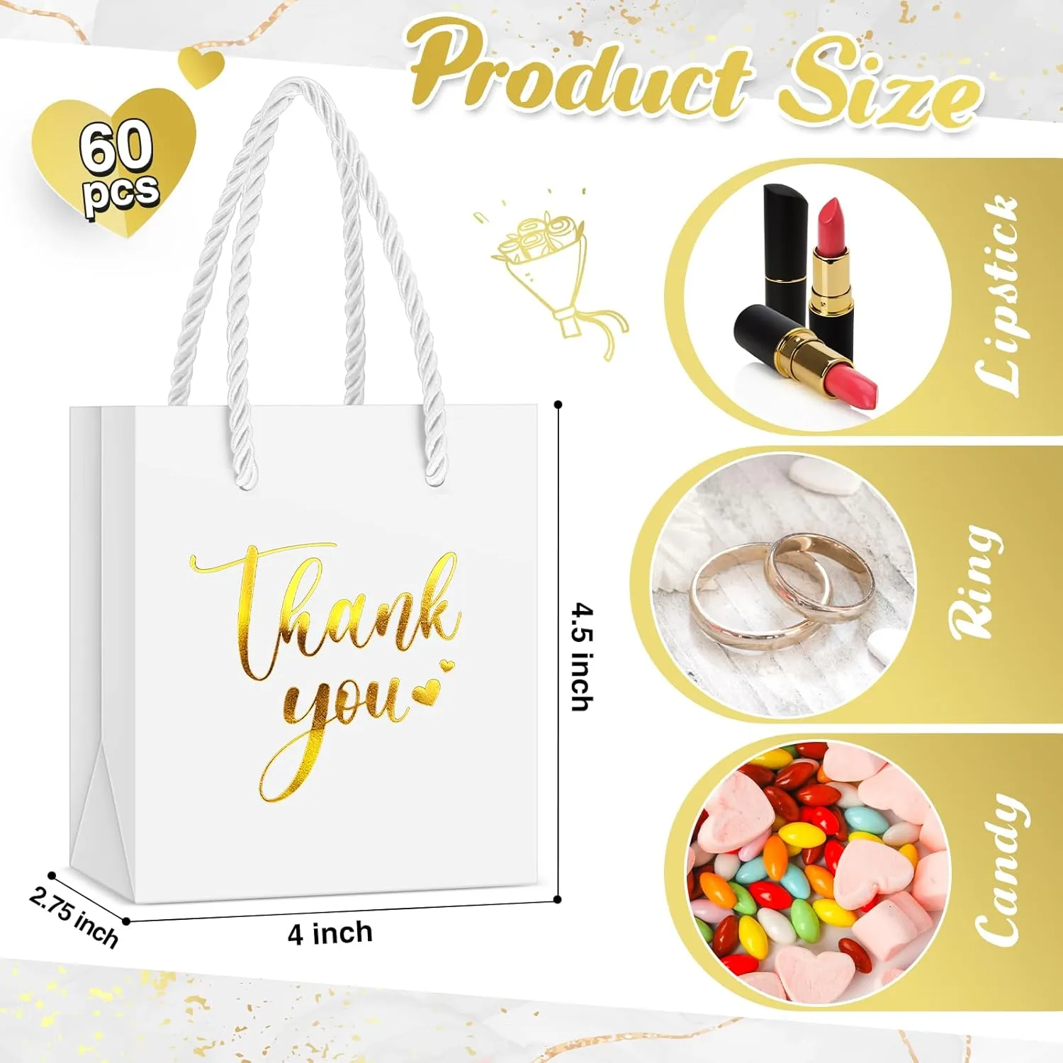 Honoson 60 Pcs Mini Gift Bag with Handle 4 x 2.75 x 4.5'' Small Thank You Paper Foil Gift Bag for Wedding Birthday Party Favor(Gold and White)