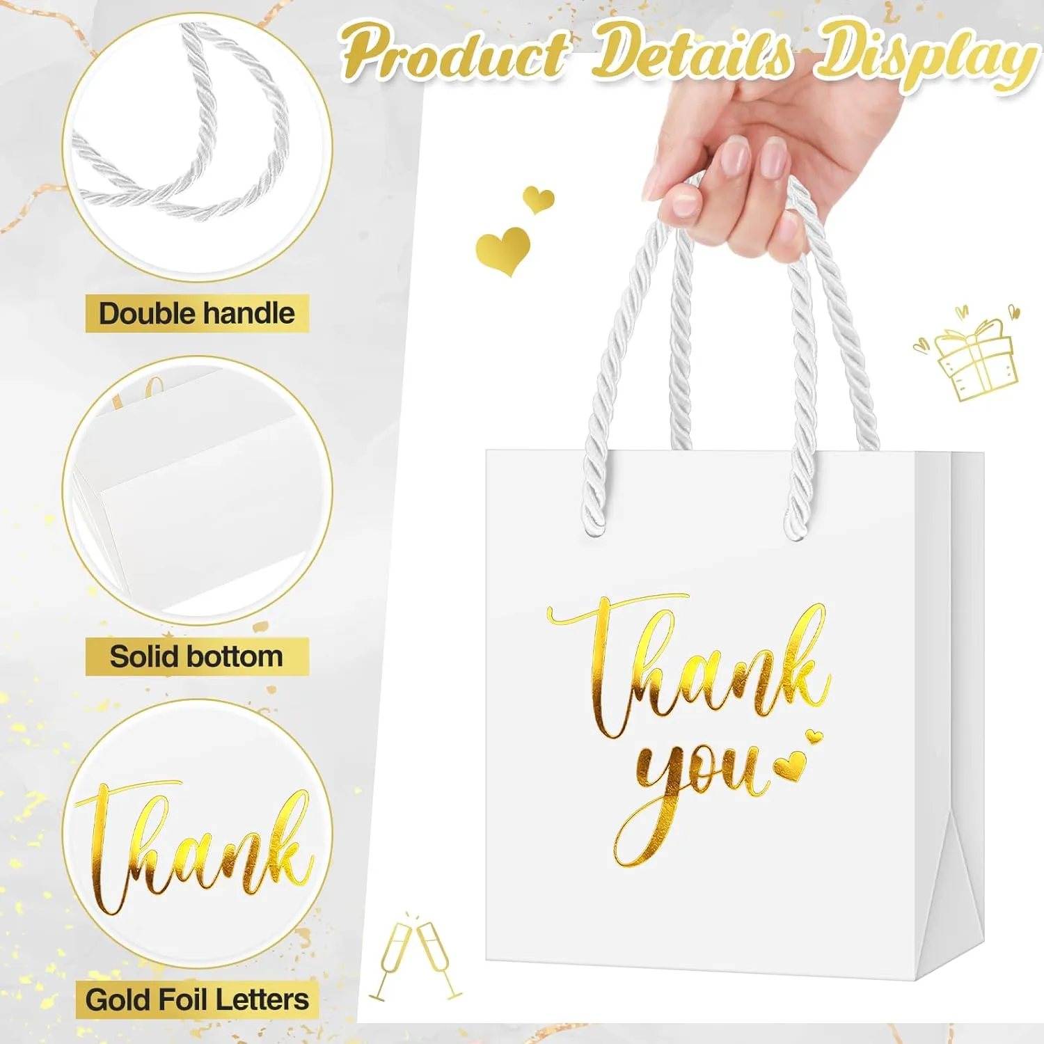 Honoson 60 Pcs Mini Gift Bag with Handle 4 x 2.75 x 4.5'' Small Thank You Paper Foil Gift Bag for Wedding Birthday Party Favor(Gold and White)