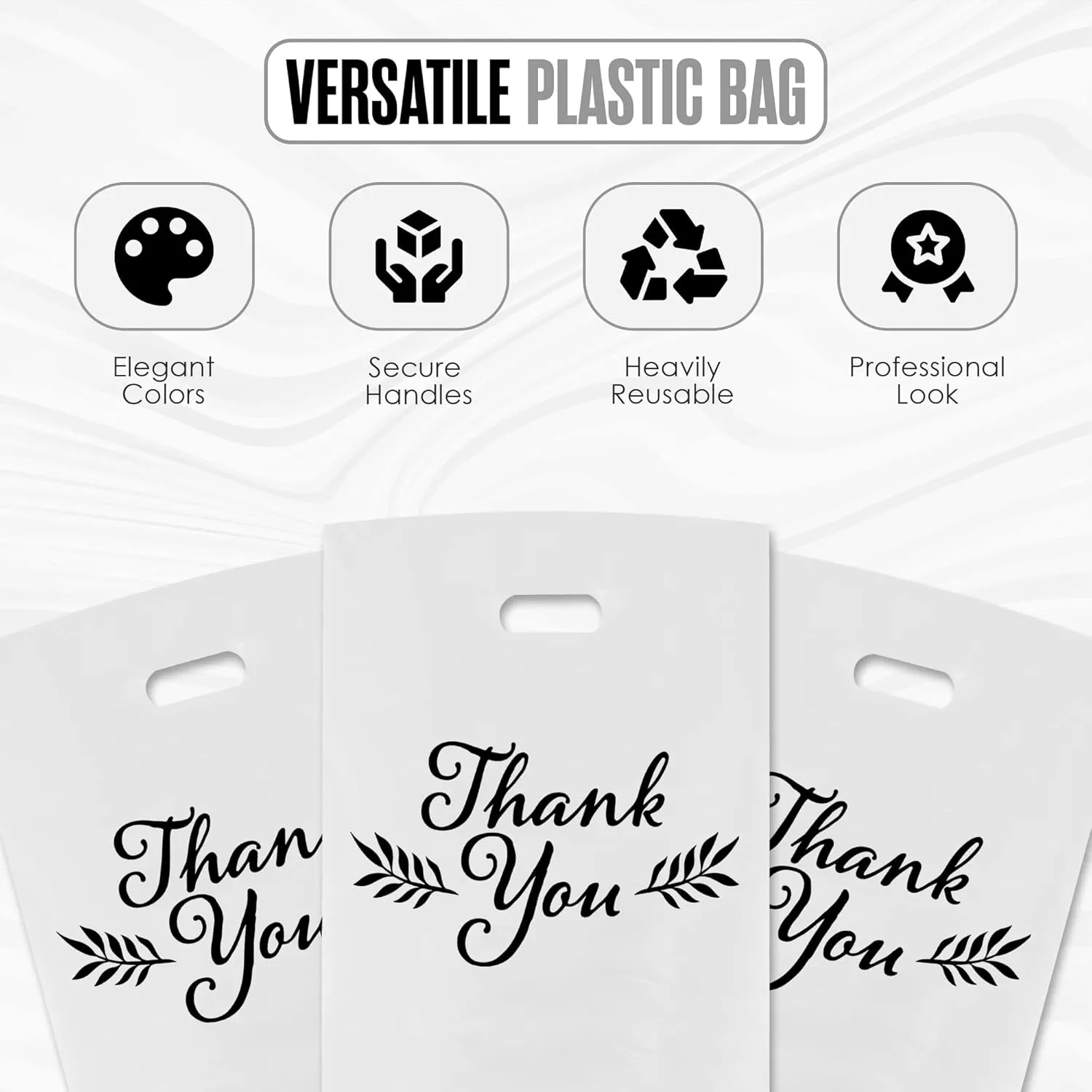Houseables Thank You Merchandise Bags, Retail Shopping Goodie Bag, 16" x 18", 100 Pk, 1.75 Mil Thick, Black, White, Die Cut Handles, Tear-Resistant, 100% Recyclable, Plastic, Low Density, Glossy