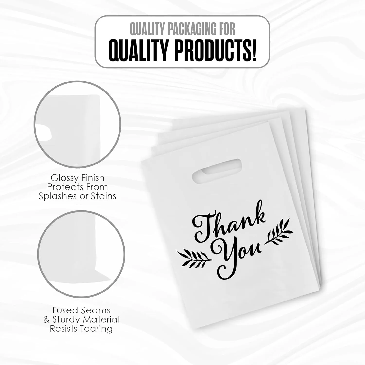 Houseables Thank You Merchandise Bags, Retail Shopping Goodie Bag, 16" x 18", 100 Pk, 1.75 Mil Thick, Black, White, Die Cut Handles, Tear-Resistant, 100% Recyclable, Plastic, Low Density, Glossy