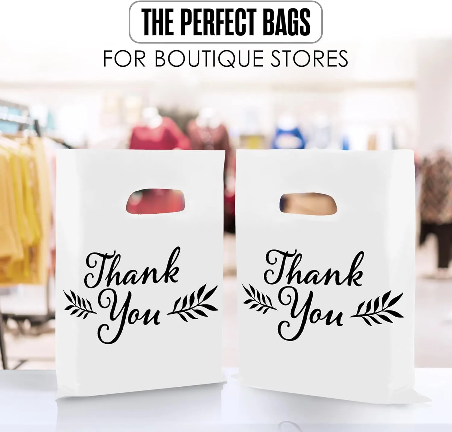 Houseables Thank You Merchandise Bags, Retail Shopping Goodie Bag, 16" x 18", 100 Pk, 1.75 Mil Thick, Black, White, Die Cut Handles, Tear-Resistant, 100% Recyclable, Plastic, Low Density, Glossy