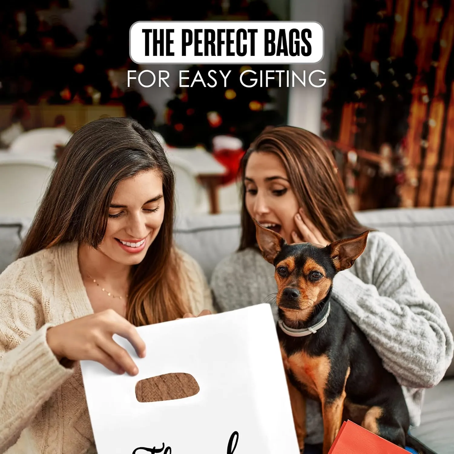 Houseables Thank You Merchandise Bags, Retail Shopping Goodie Bag, 16" x 18", 100 Pk, 1.75 Mil Thick, Black, White, Die Cut Handles, Tear-Resistant, 100% Recyclable, Plastic, Low Density, Glossy