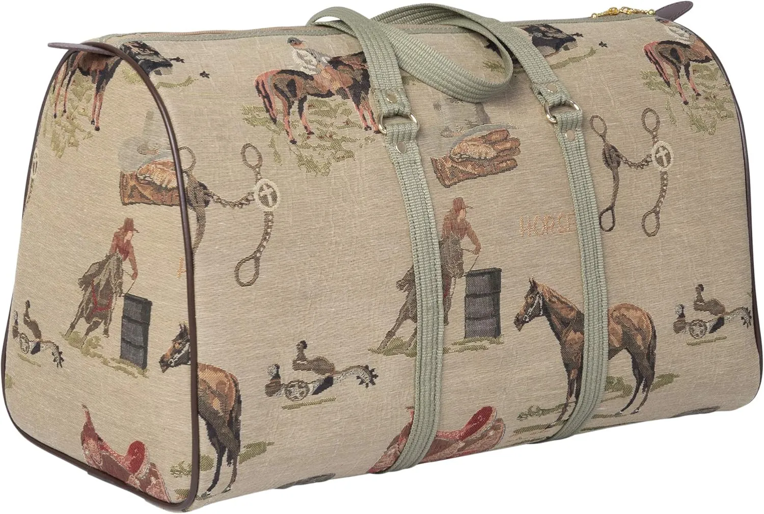 Huntley Equestrian 02135 Western Tapestry English Design Duffle Bag Lightweight Patterned Cotton Heavy Duty Handles Center Zipper Reinforced Bottom Durable & Long Lasting