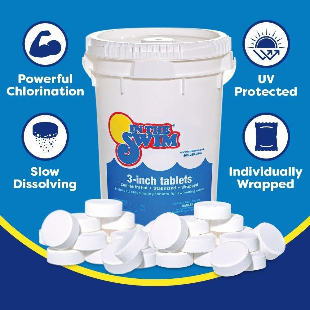 In The Swim Chlorine-Free Shock & Chlorine Tablets Bundle: 24 x 1 Pound Bags & 25 Pound Bucket of 3 Inch Stabilized Tablets