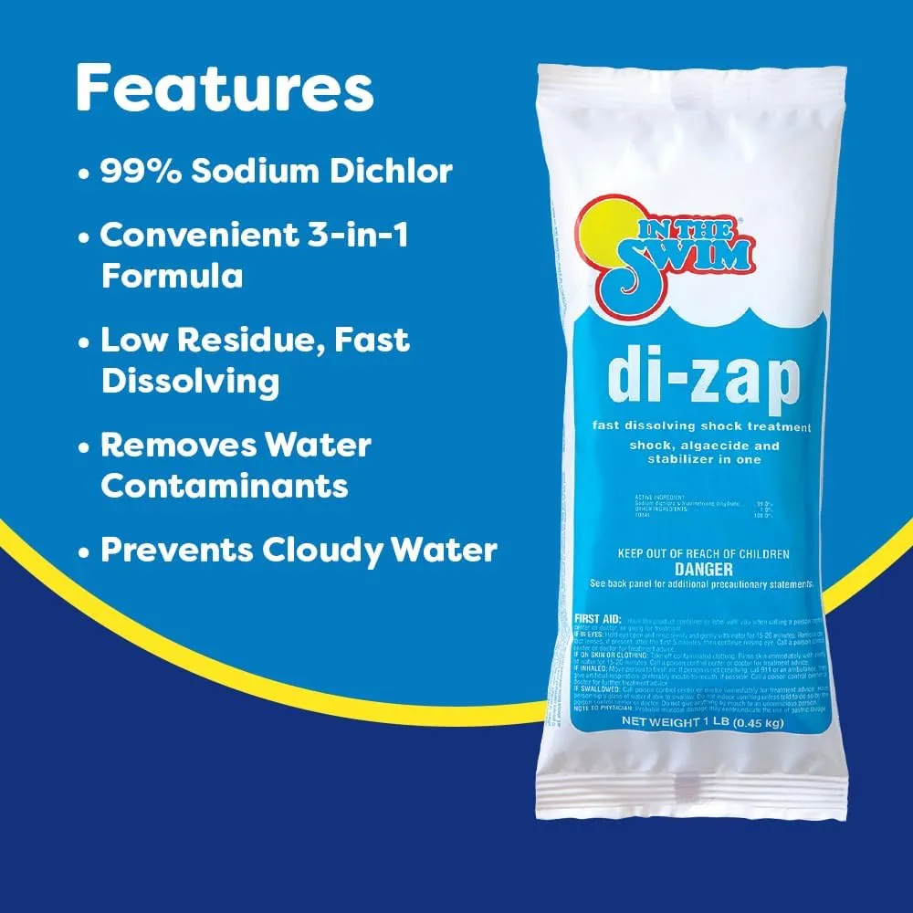 In The Swim Premium 3-in-1 Pool Shock - Di-Zap Contains Dichlor, Algaecide, and Stabilizer - 12 x 1 lb. Bags