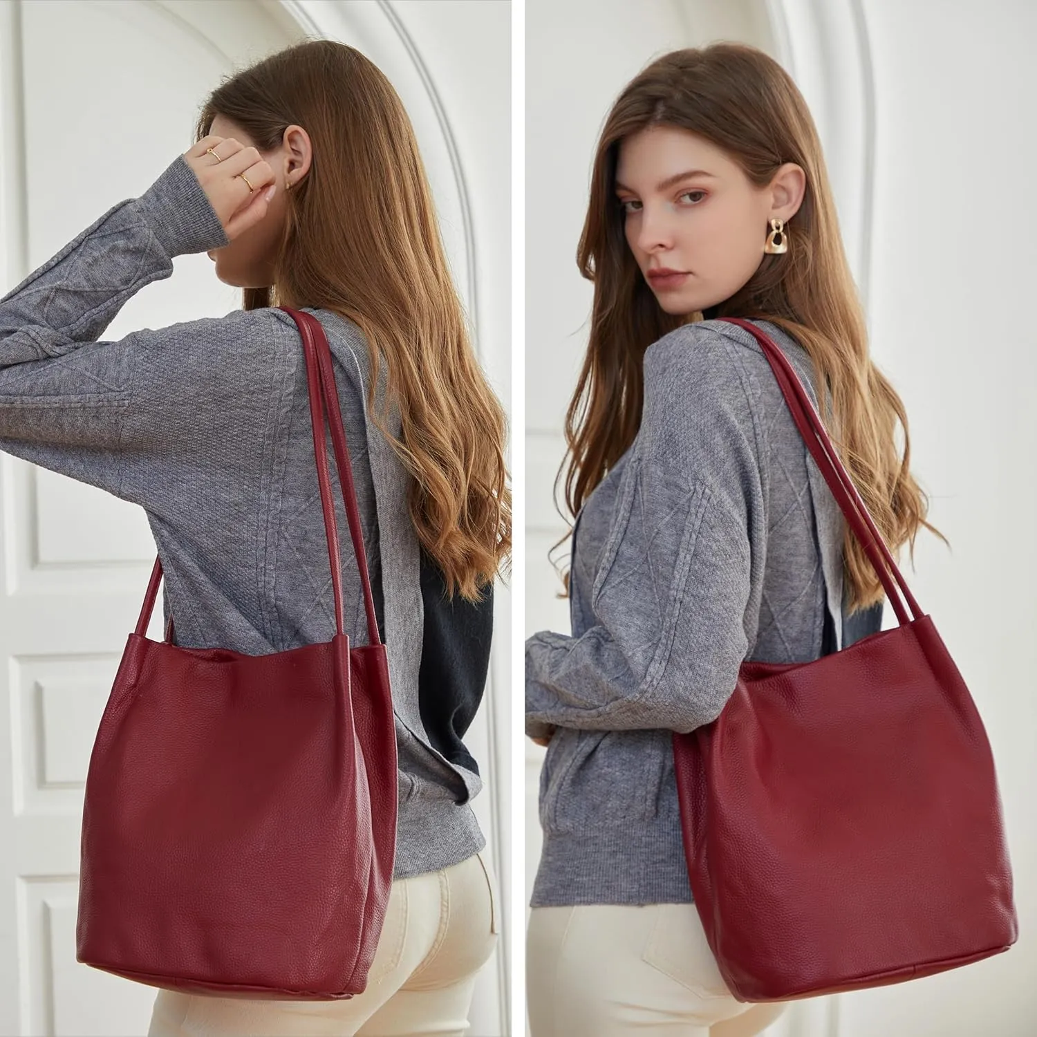 Iswee Genuine Leather Tote Bucket Bags Hobo Shoulder Bags Purse and Handbags for Women Trendy