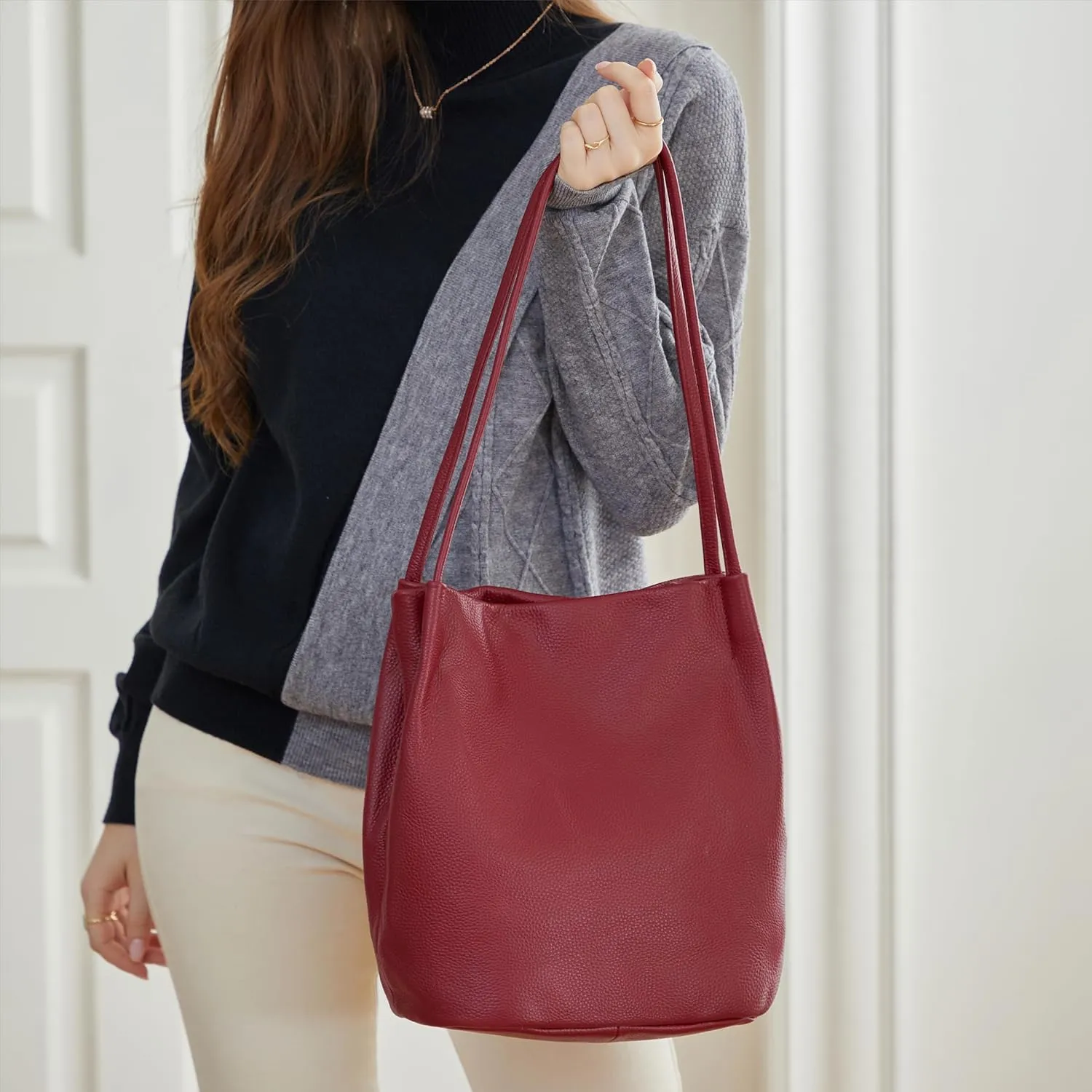 Iswee Genuine Leather Tote Bucket Bags Hobo Shoulder Bags Purse and Handbags for Women Trendy