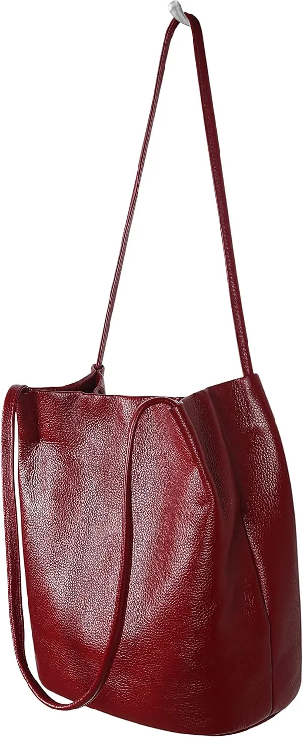 Iswee Genuine Leather Tote Bucket Bags Hobo Shoulder Bags Purse and Handbags for Women Trendy