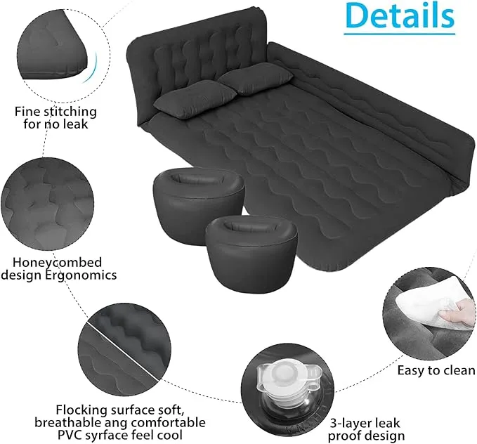 ISWEES Car Air Mattress,SUV Air Mattress, SUV Inflatable Car Bed for Back Seat Sleepping, with Pillows & Fill Piers, Thickened Flocking & PVC Surface, Air Mattress for Camping, Home Car Travel(Black)