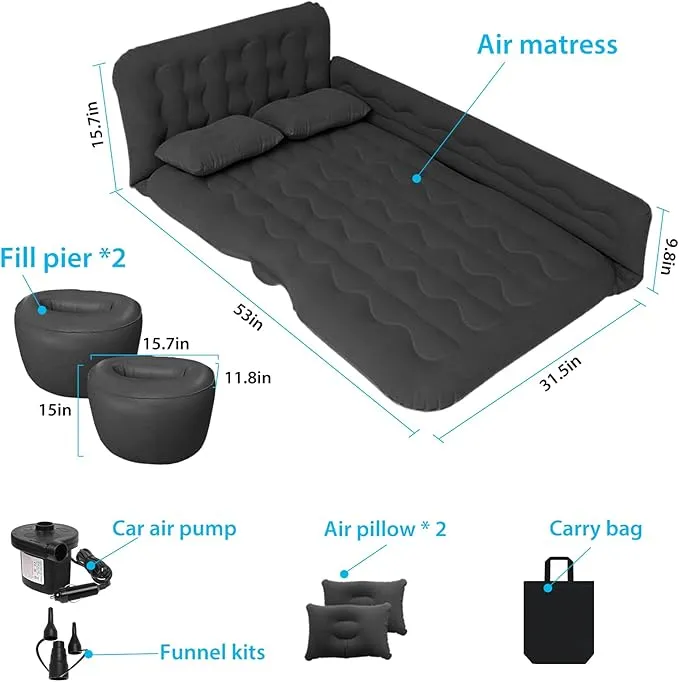 ISWEES Car Air Mattress,SUV Air Mattress, SUV Inflatable Car Bed for Back Seat Sleepping, with Pillows & Fill Piers, Thickened Flocking & PVC Surface, Air Mattress for Camping, Home Car Travel(Black)