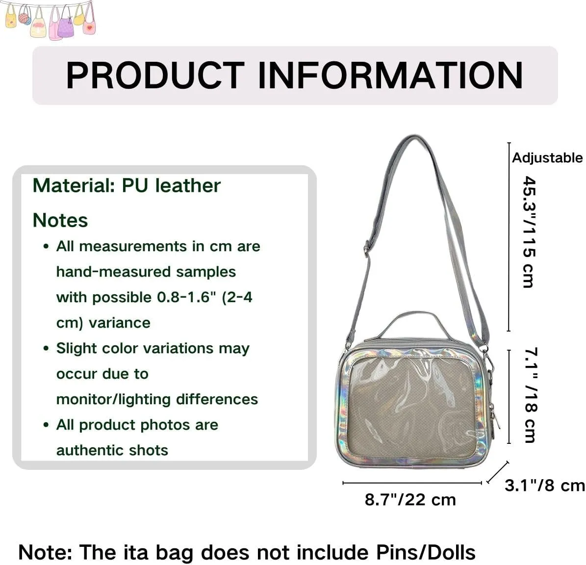 Ita Crossbody Bag for Anime Cosplay - Handbag with Clear Display Window & Insert for Kawaii Pins & Charms