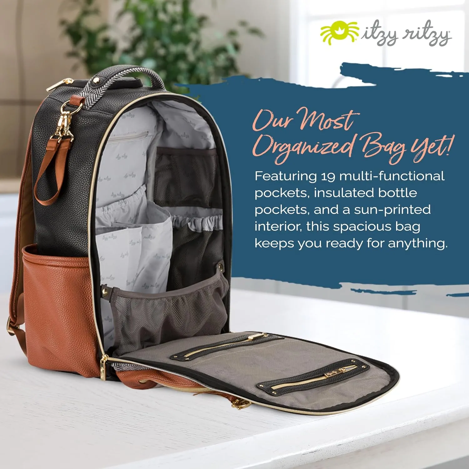 Itzy Ritzy Diaper Bag Backpack – Large Capacity Boss Plus Baby Backpack Diaper Bag Featuring 19 Pockets, Changing Pad, Stroller Clips, and Comfortable Backpack Straps, Coffee & Cream Boss Plus