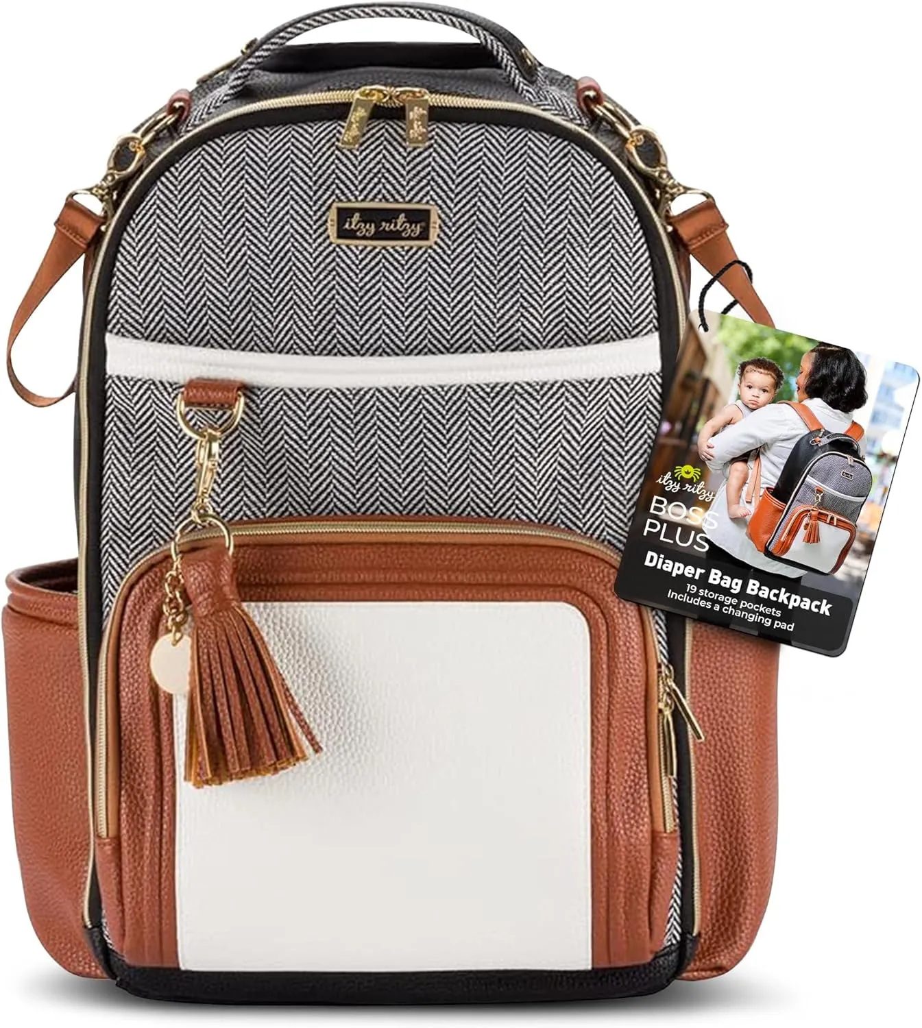 Itzy Ritzy Diaper Bag Backpack – Large Capacity Boss Plus Baby Backpack Diaper Bag Featuring 19 Pockets, Changing Pad, Stroller Clips, and Comfortable Backpack Straps, Coffee & Cream Boss Plus