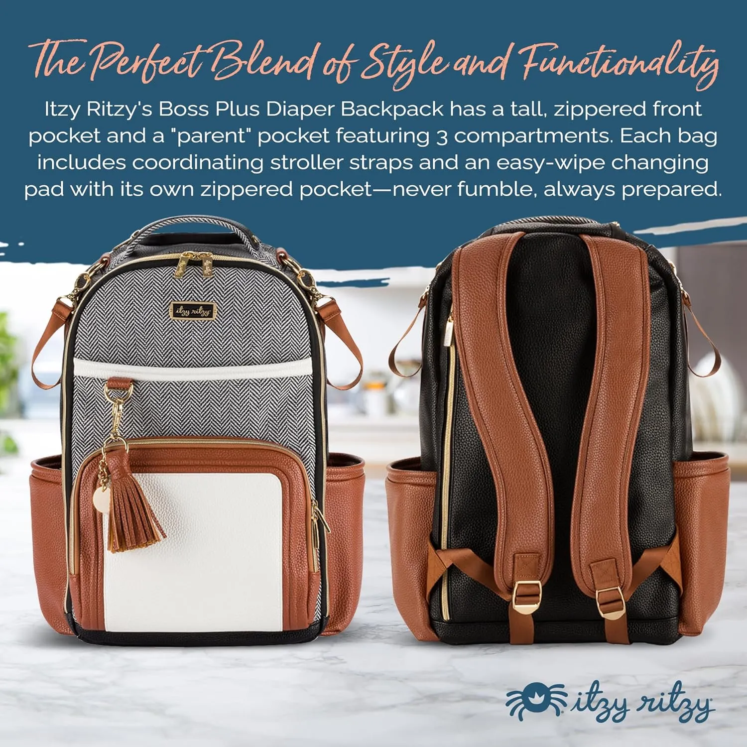 Itzy Ritzy Diaper Bag Backpack – Large Capacity Boss Plus Baby Backpack Diaper Bag Featuring 19 Pockets, Changing Pad, Stroller Clips, and Comfortable Backpack Straps, Coffee & Cream Boss Plus