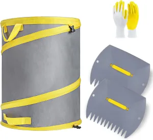 JARDINEER Resuable Collapsible Trash Can Set, 30-Gallon Garden Leaf Bag, Leaf Scoops Hand Rake and Gloves, Pop Up Trash Can for Camping Garbage, Yard Waste Container
