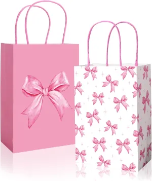 JarThenaAMCS 24pc Pink Bow Paper Gift Bags with Handles - Cute Bow Knot Treat Bags for Party Favors & Candy Goodies