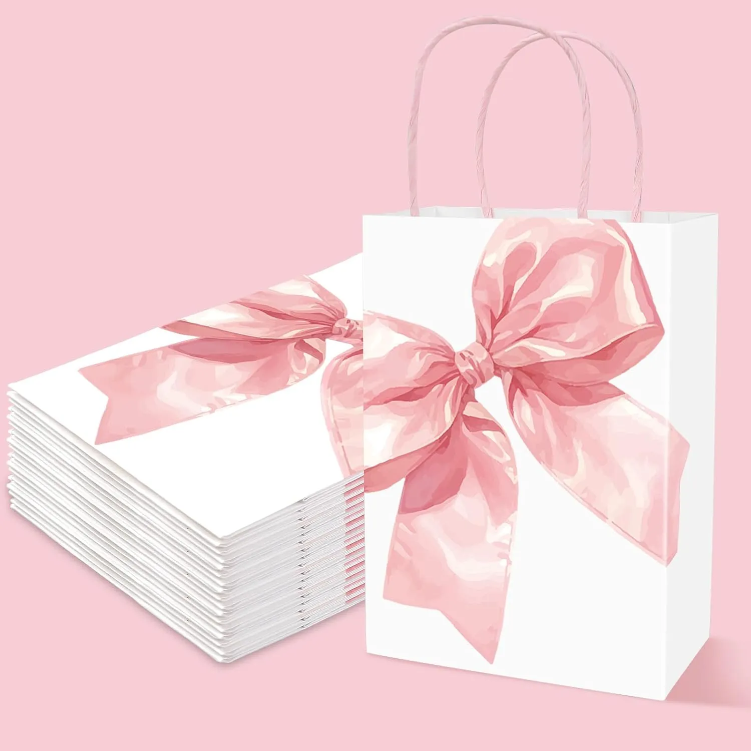 JarThenaAMCS 24Pcs Pink Bow Paper Bags with Handles Cute Bowknot Treat Bags Candy Goodie Bags Grocery Shopping Bags for Coquette Birthday Baby shower Party Favors Supplies