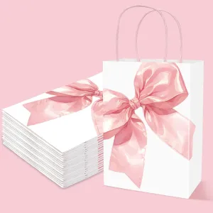 JarThenaAMCS 24Pcs Pink Bow Paper Bags with Handles Cute Bowknot Treat Bags Candy Goodie Bags Grocery Shopping Bags for Coquette Birthday Baby shower Party Favors Supplies