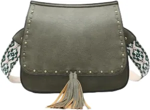 JEN & CO. Bailey Crossbody Bag in Olive - Vegan Leather Bag Purse with Animal Print Guitar Strap, Cross Body Bags for Women
