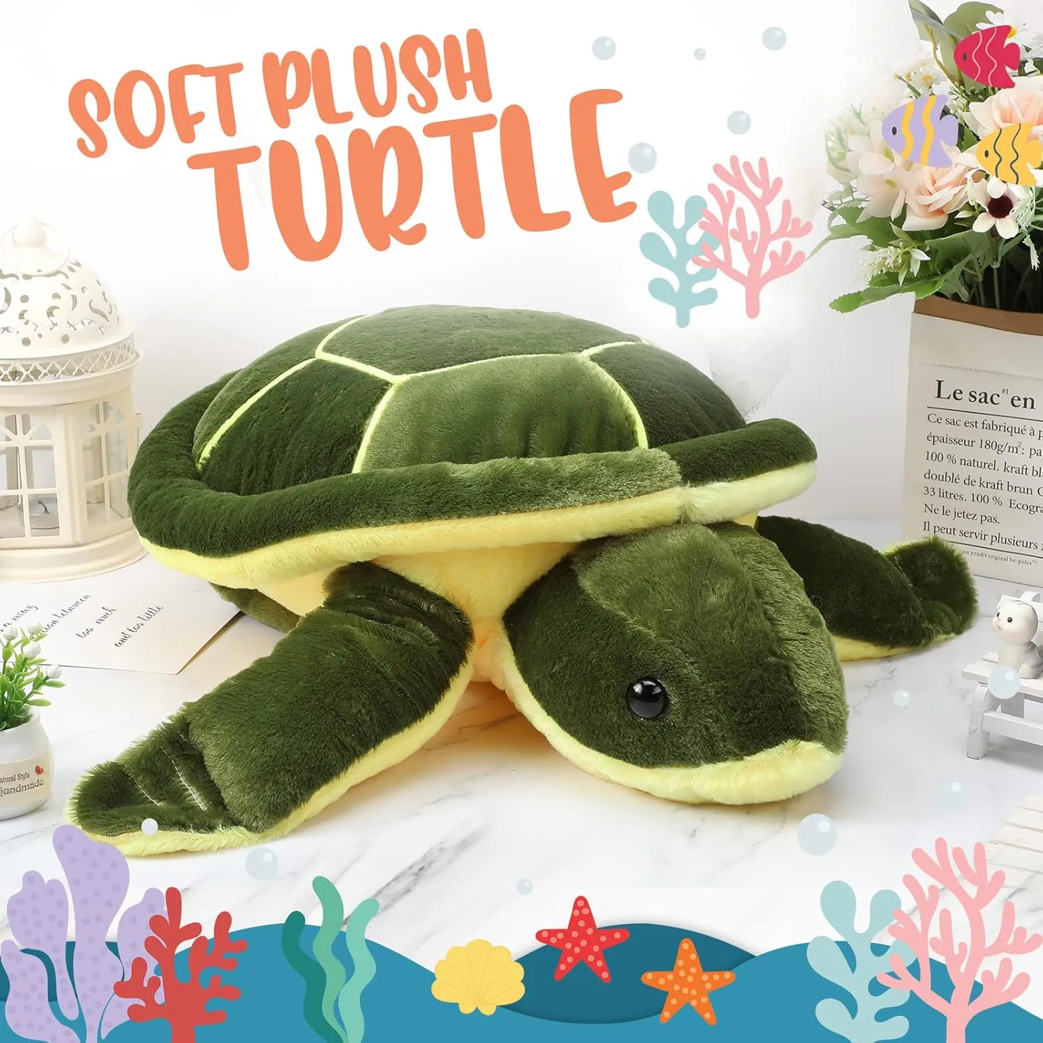 Jenaai 8 Pcs Plush Sea Turtle Stuffed Animals Soft Big Sea Turtle Stuffed Toys Pillow for Kids Girls Boys 10" Plush Gifts for Adults Birthday Beach Ocean Party Decorations(Green)
