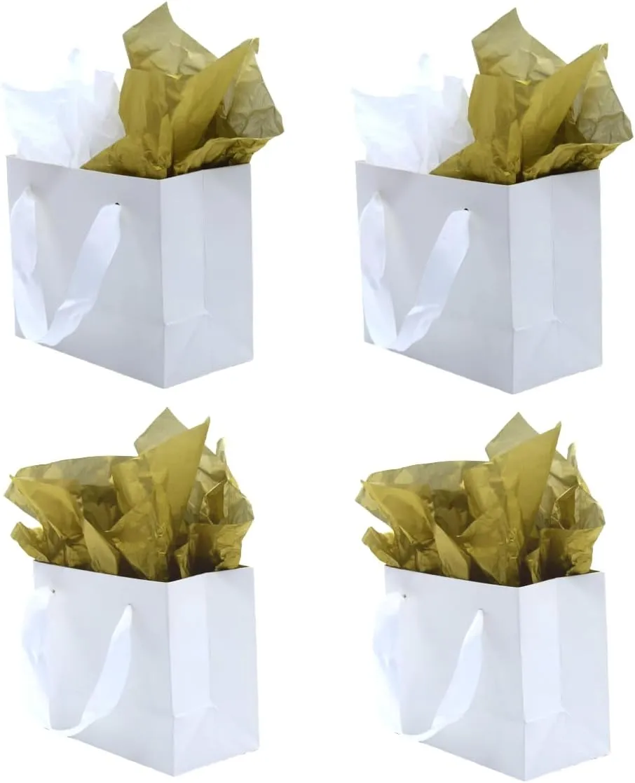 JUNESHE Small Gift Bags with Handles & Tissue Paper,12 Pack Mini White Gift Bags, Extra Small White Paper Bags, Tiny Gift Wrap for Birthday Party Favors