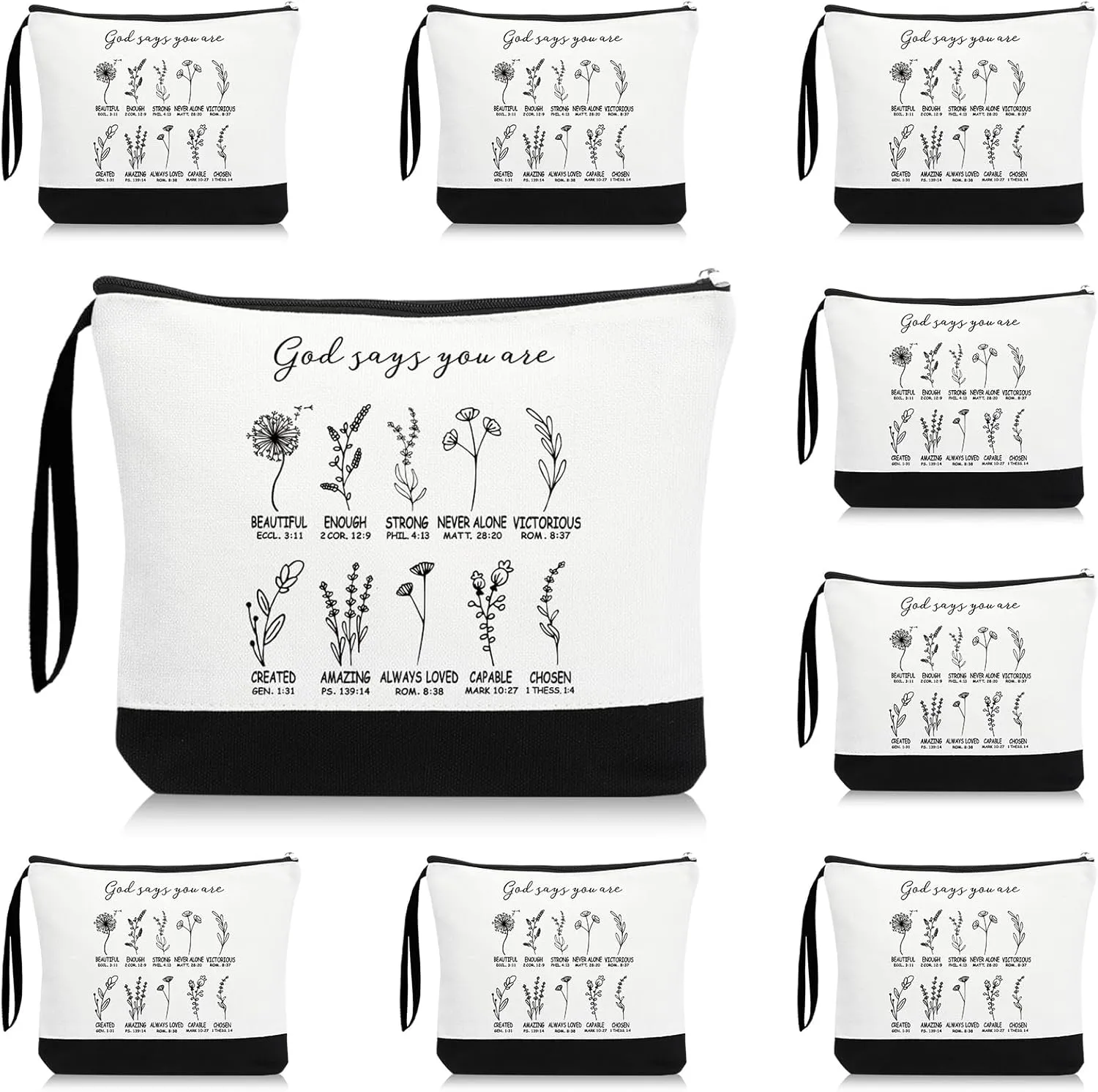 Kacctyen 10 Pcs Christian Gifts Bulk Religious Cosmetic Bags Bible Bags for Women Inspirational Floral Makeup Bag God Say You Are with Zipper for Mother's Day Gift Church Ladies