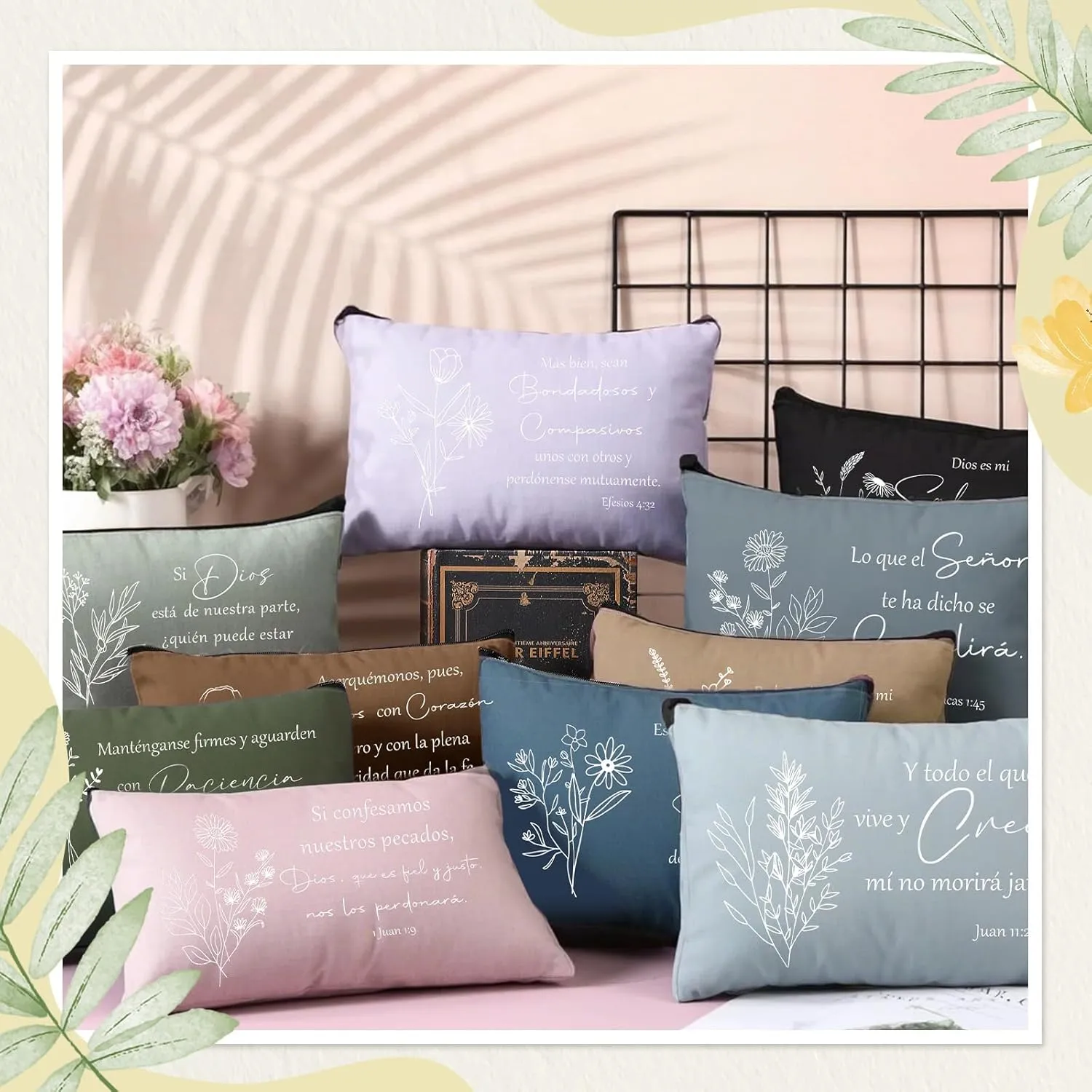 Kacctyen 12 Pcs Christian Mother's Day Gifts Makeup Bag Spanish Verses Inspirational Gift for Women Bible Verse Cosmetic Bag in Spanish Zipper Pouch for Mom Church Religious Prayer(Dark Morandi Style)