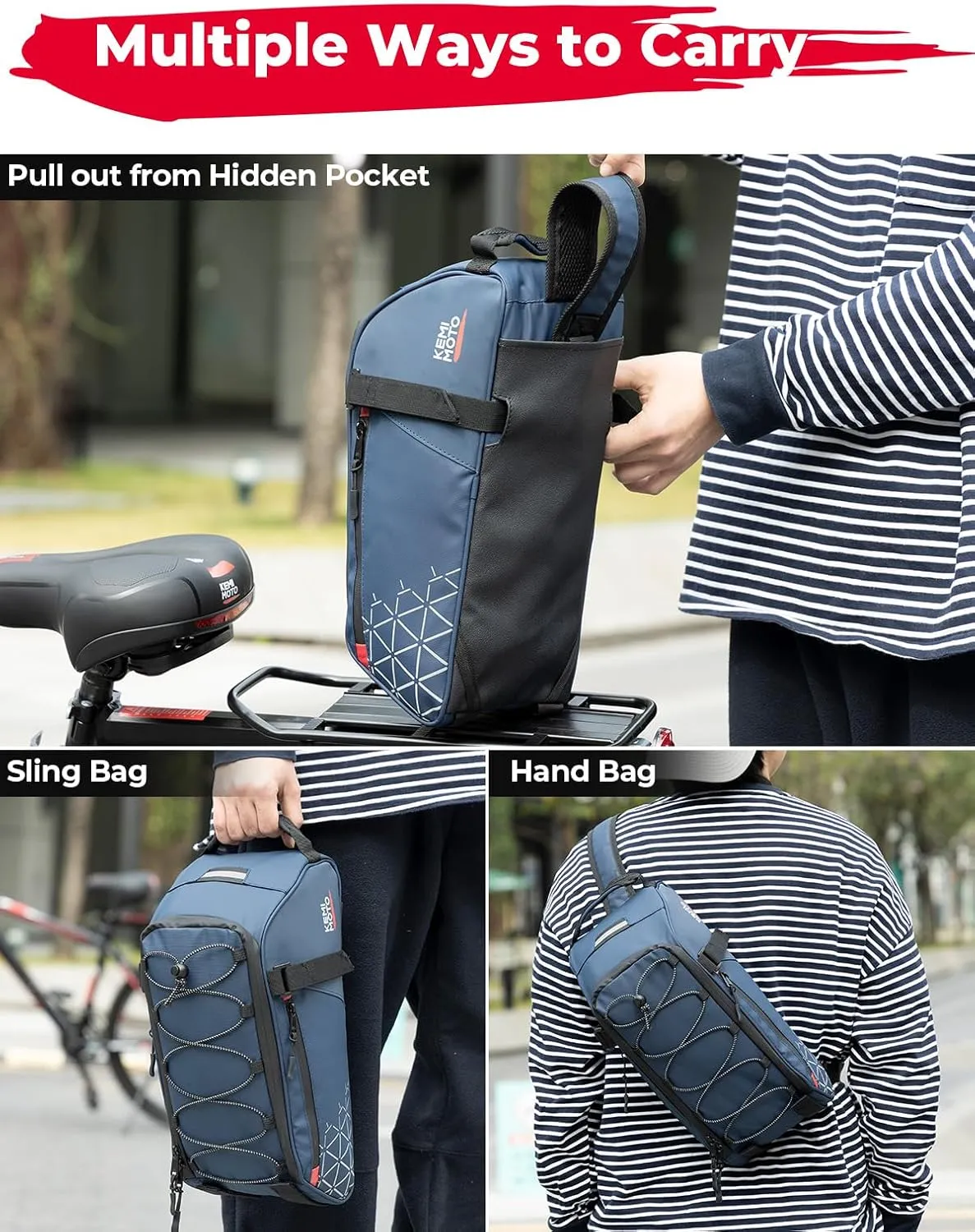 KEMIMOTO Rear Bike Rack Bag - 8L PVC Water Resistant Ebike Bags for Bicycle Rear Rack, Bicycle Trunk Pannier for Commuter Travel Shopping and Cycling (Blue)