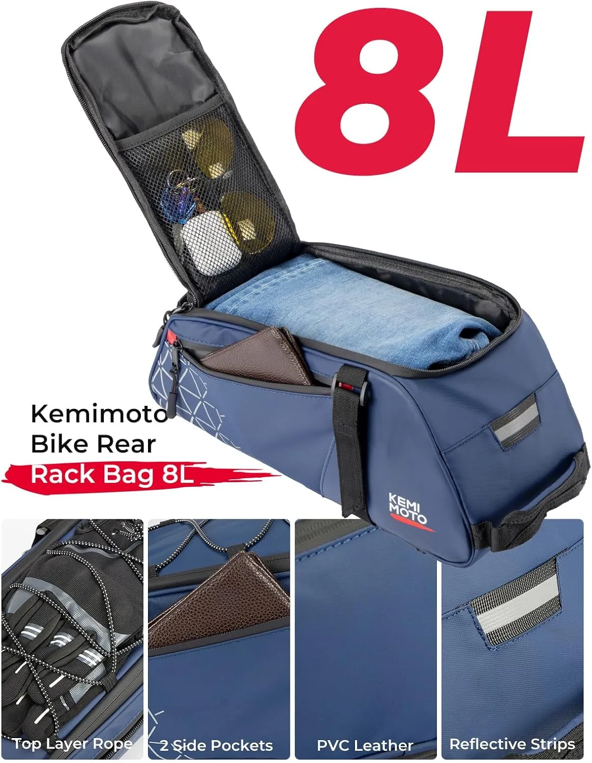 KEMIMOTO Rear Bike Rack Bag - 8L PVC Water Resistant Ebike Bags for Bicycle Rear Rack, Bicycle Trunk Pannier for Commuter Travel Shopping and Cycling (Blue)