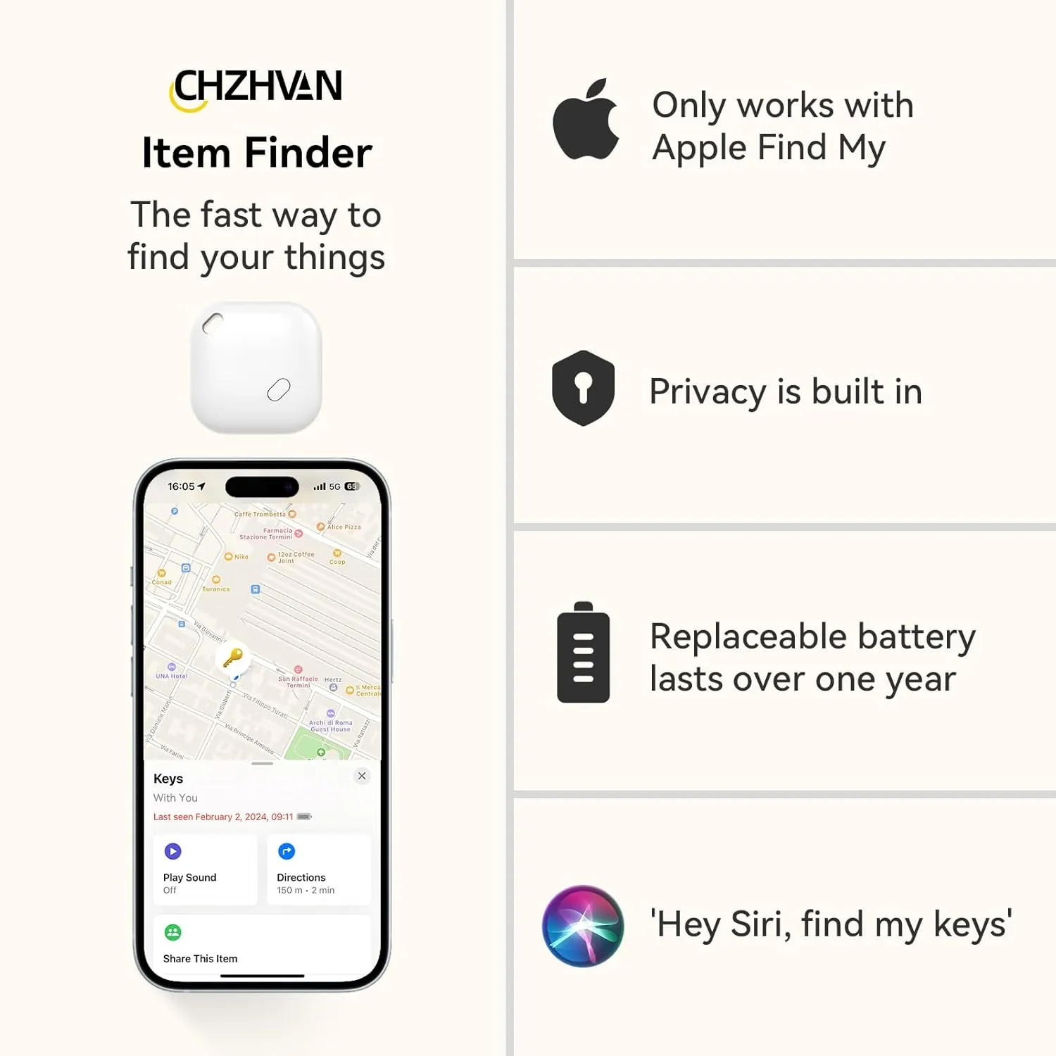 Key Finder, Luggage Tracker Works with Apple Find My (iOS only), Replaceable Battery, Water-Resistant, Bluetooth Item Finder for Wallet, Bags, Suitcase, Pets & Backpack, 4 Pack White
