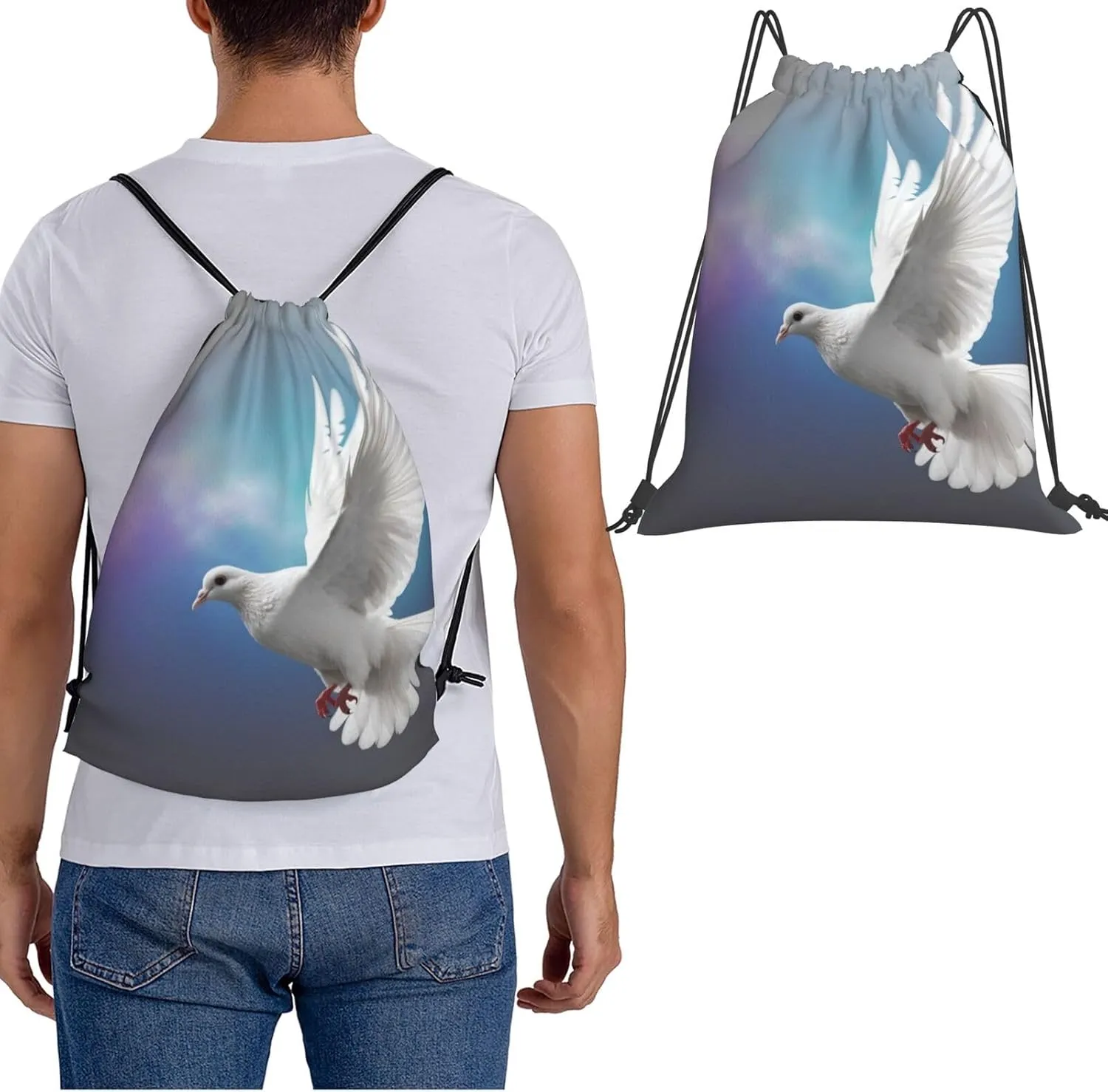 KHiry Drawstring Backpack Waterproof String Bag Peace Dove Drawstring Sackpack Gym Bag for Man Woman
