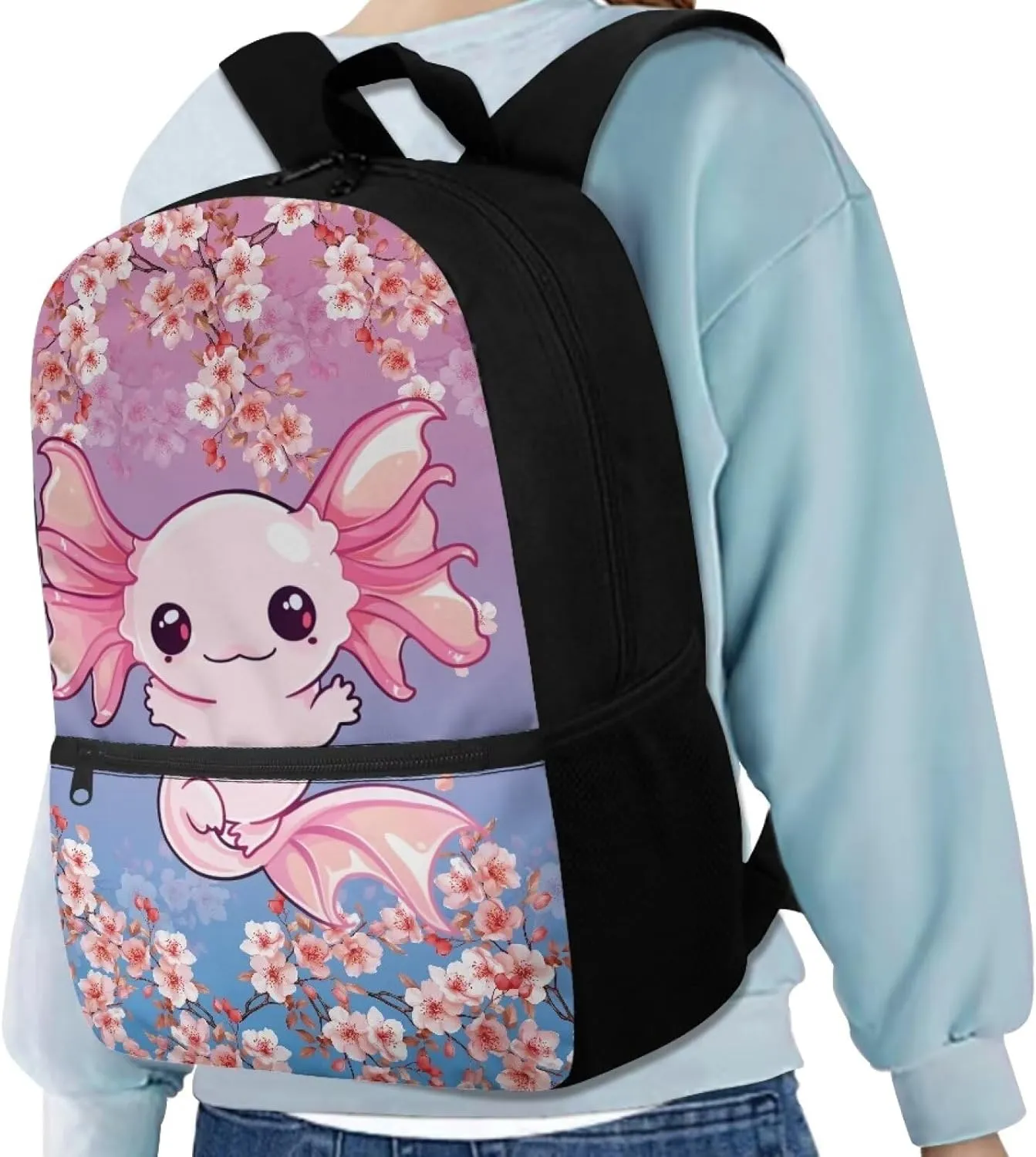 Kids Backpacks Axolotl Cherry Blossom Girls School Bags for Age 6 to 11 Child Book Bags with Double Zipper Children Bookbags for Preschool Boys Back Pack,Birthday Daily