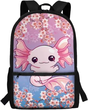 Kids Backpacks Axolotl Cherry Blossom Girls School Bags for Age 6 to 11 Child Book Bags with Double Zipper Children Bookbags for Preschool Boys Back Pack,Birthday Daily