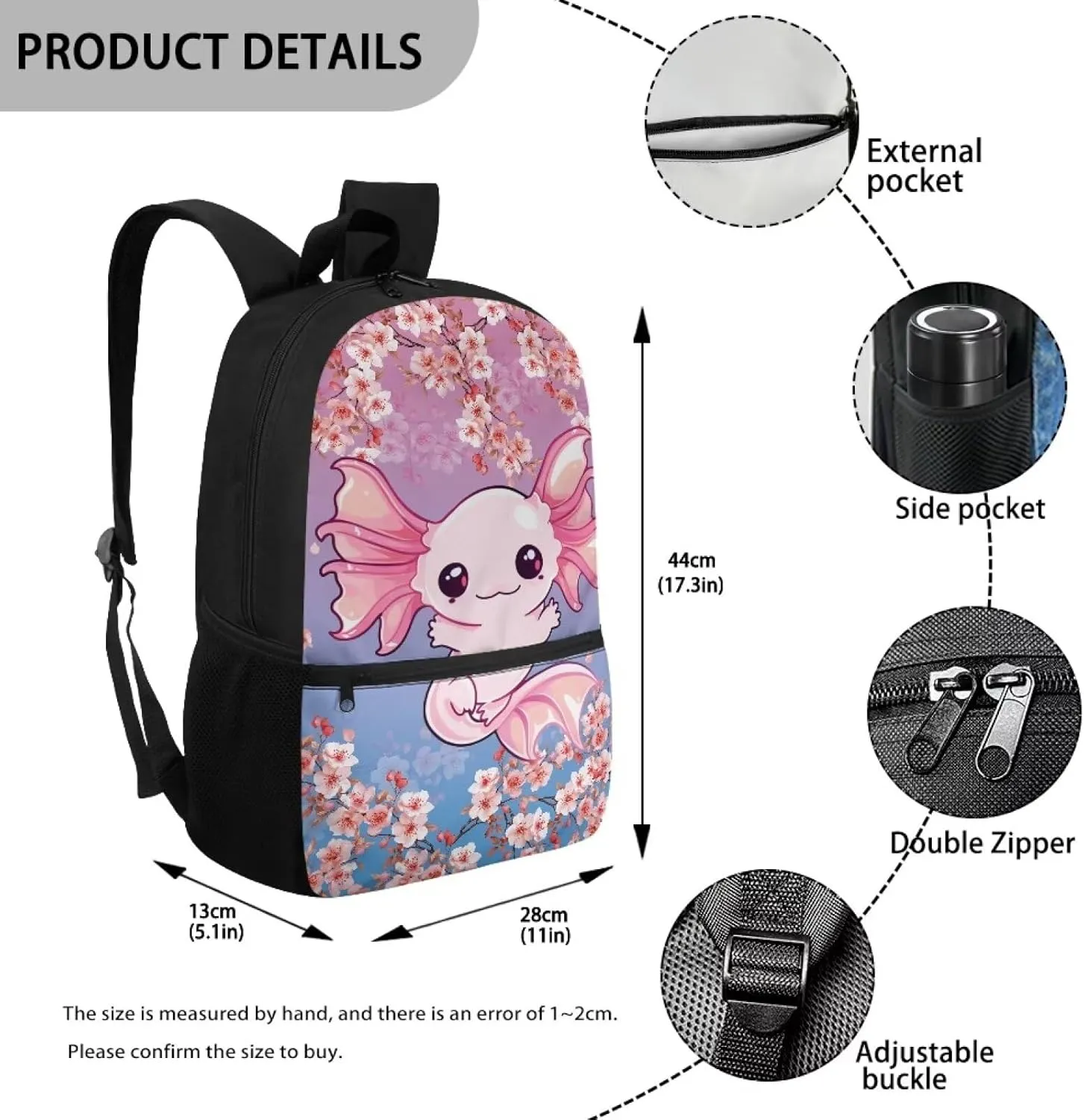 Kids Backpacks Axolotl Cherry Blossom Girls School Bags for Age 6 to 11 Child Book Bags with Double Zipper Children Bookbags for Preschool Boys Back Pack,Birthday Daily