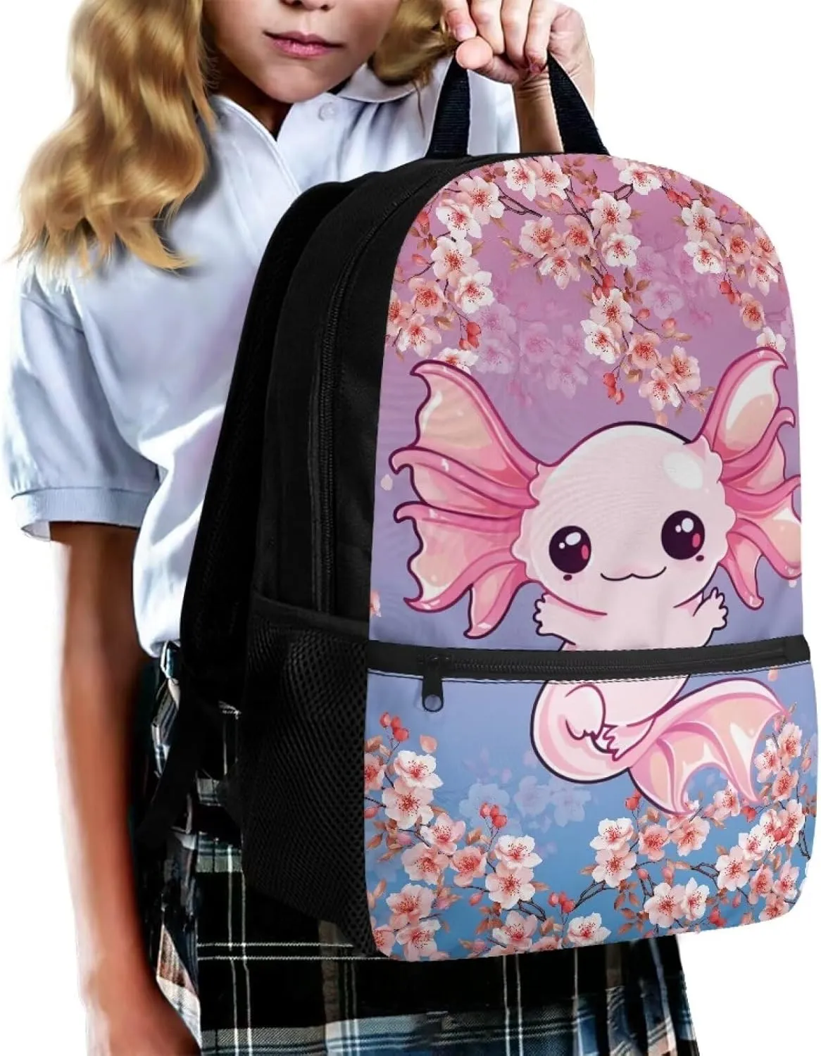 Kids Backpacks Axolotl Cherry Blossom Girls School Bags for Age 6 to 11 Child Book Bags with Double Zipper Children Bookbags for Preschool Boys Back Pack,Birthday Daily