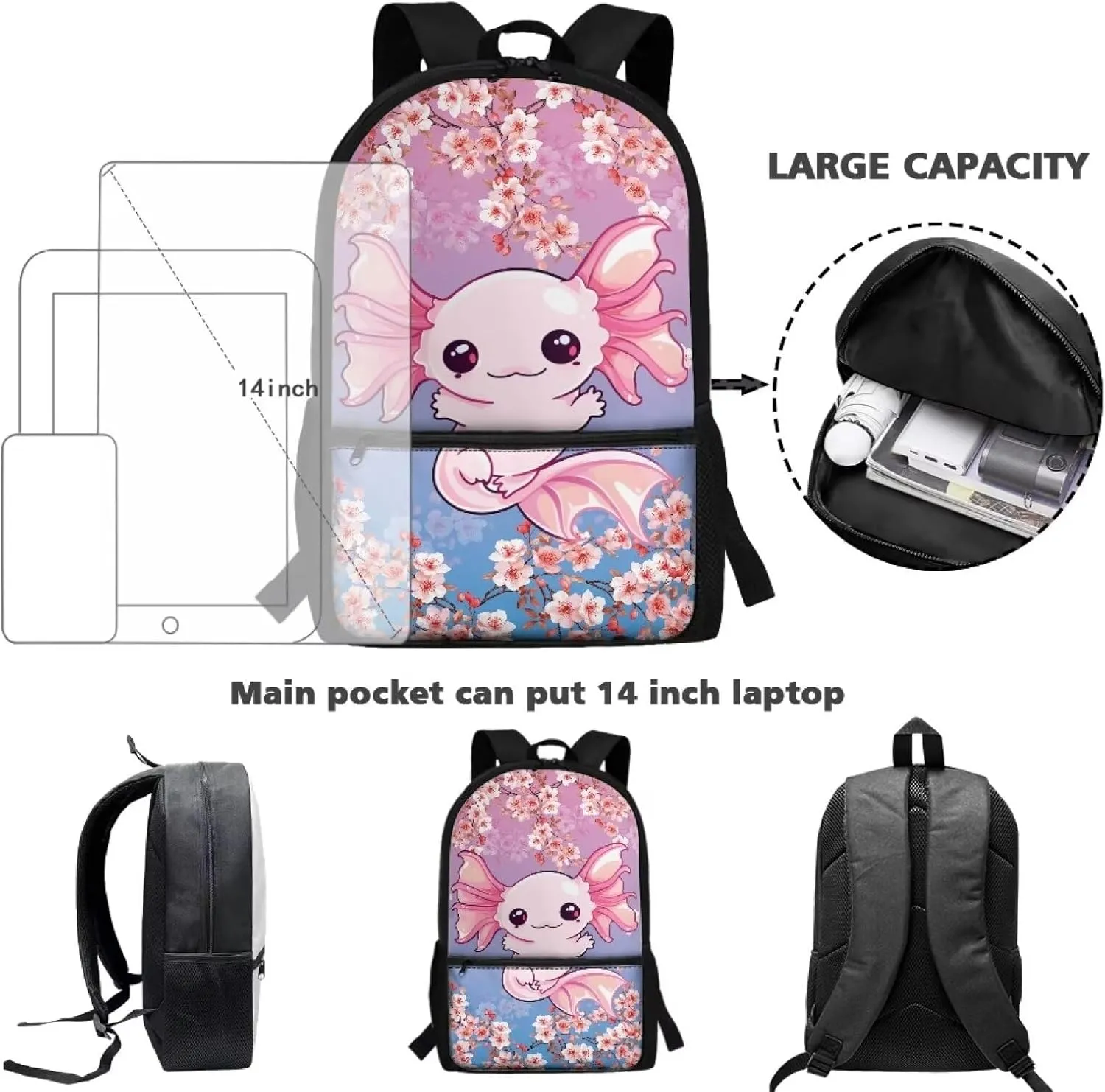 Kids Backpacks Axolotl Cherry Blossom Girls School Bags for Age 6 to 11 Child Book Bags with Double Zipper Children Bookbags for Preschool Boys Back Pack,Birthday Daily