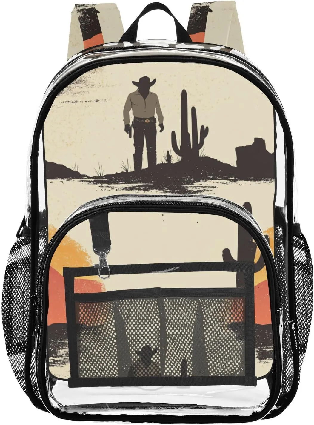 Kids Clear Backpack School Clear Backpack For Teen Girls See Through Transparent PVC Back Pack Western Cowboy Cactus Boots Gun Spurs Vast Desert Sparkling