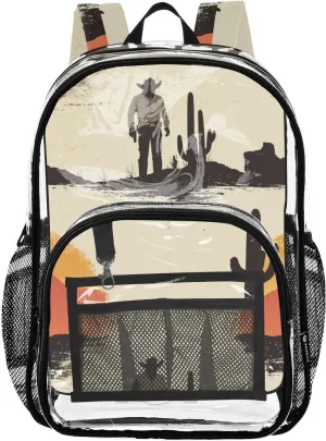 Kids Clear Backpack School Clear Backpack For Teen Girls See Through Transparent PVC Back Pack Western Cowboy Cactus Boots Gun Spurs Vast Desert Sparkling